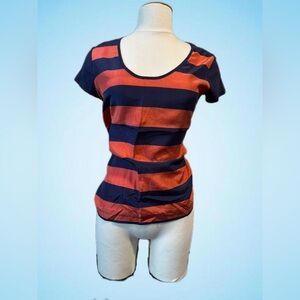 Vintage Orange and Navy Striped Short Sleeve Silk Top, Small